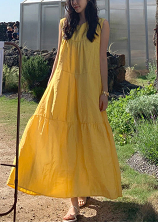 Yellow O-neck Patchwork Cotton Maxi Dresses Sleeveless
