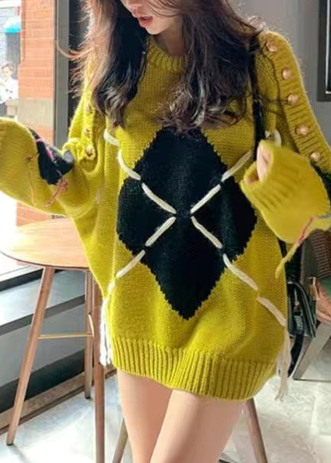 Yellow O Neck Patchwork Cozy Cotton Knit Sweater Batwing Sleeve
