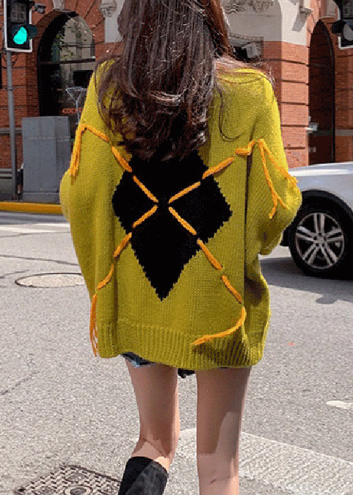 Yellow O Neck Patchwork Cozy Cotton Knit Sweater Batwing Sleeve