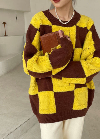 Yellow O-neck Plaid Knitted Tops Winter
