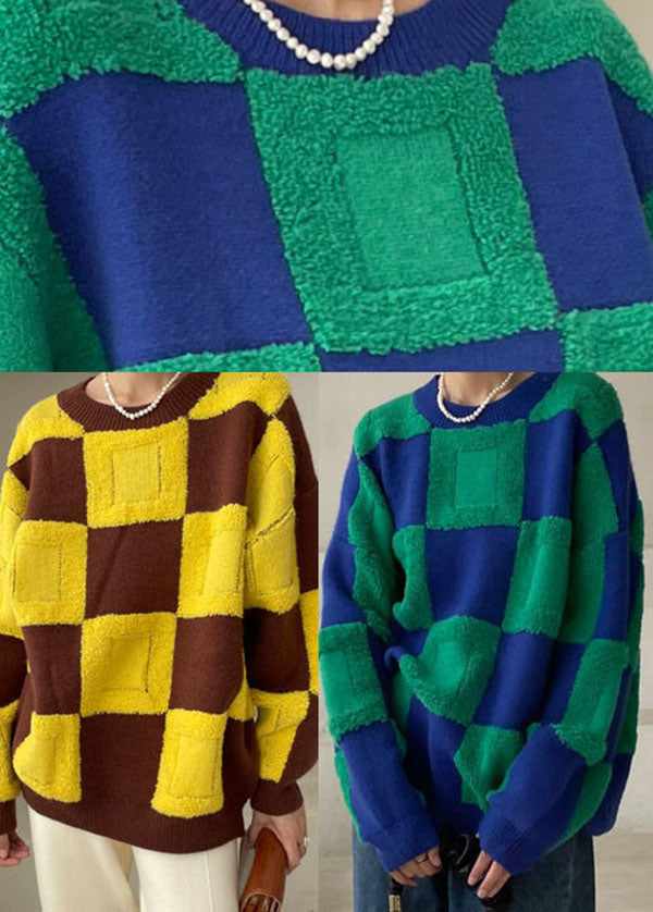 Yellow O-neck Plaid Knitted Tops Winter