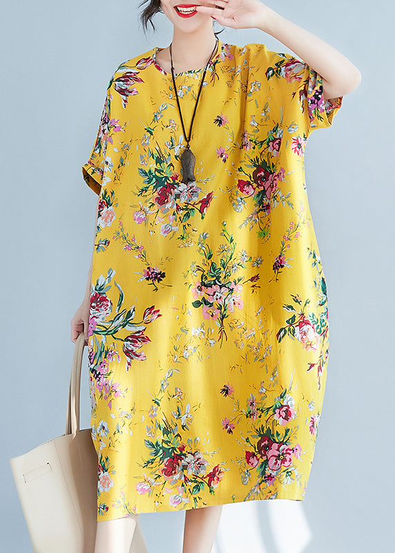 Yellow O-neck Print Cotton Holiday Dress Summer