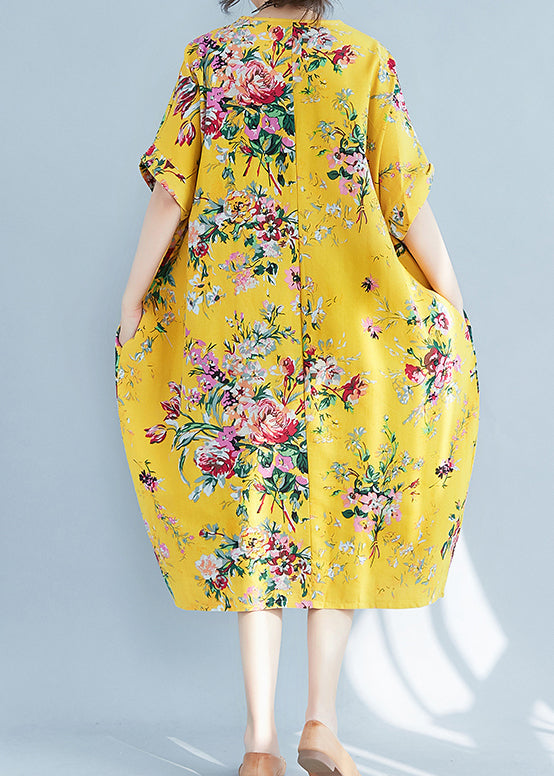 Yellow O-neck Print Cotton Holiday Dress Summer