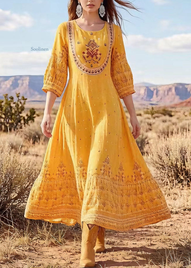 Yellow O Neck Print Cotton Long Dress Summer