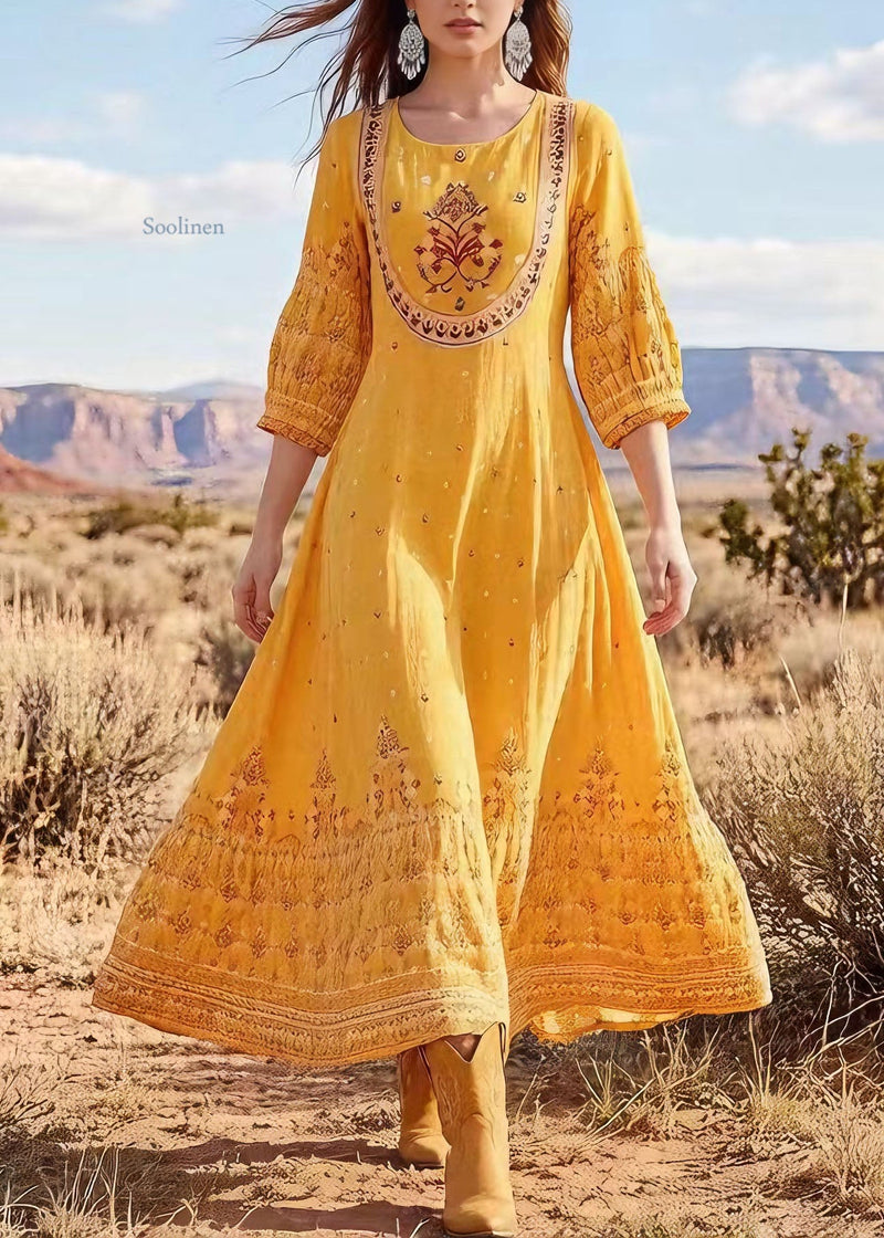 Yellow O Neck Print Cotton Long Dress Summer