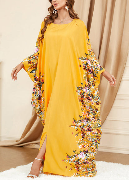 Yellow O Neck Print Front Open Cotton Dress Spring