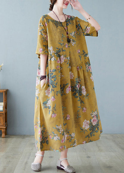 Yellow O-neck Print Maxi Dress Summer