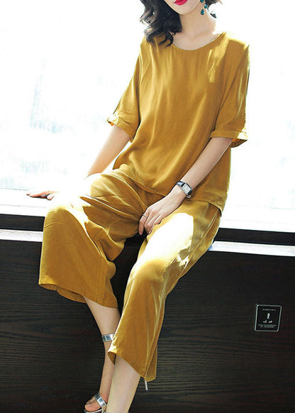 Yellow O-neck Tops and Pants Silk Two Pieces Set Summer