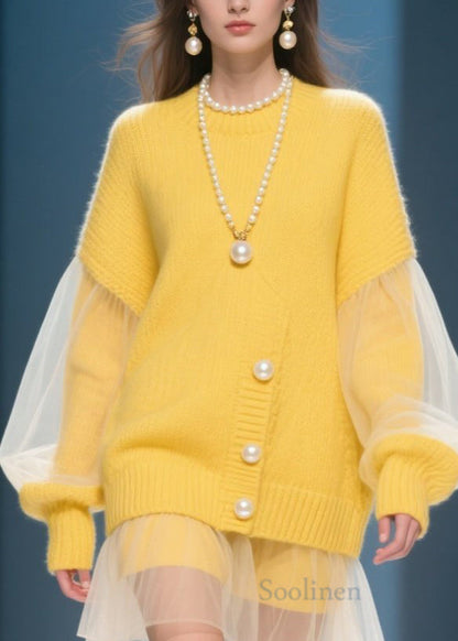 Yellow O Neck Tulle Patchwork Knit Dress Fall