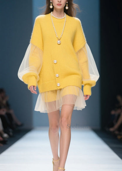 Yellow O Neck Tulle Patchwork Knit Dress Fall