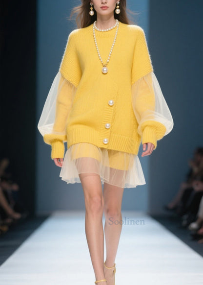 Yellow O Neck Tulle Patchwork Knit Dress Fall