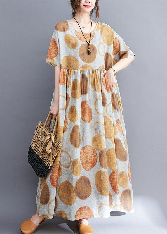 Yellow O-neck Wrinkled Dot Print Linen Long Dress Short Sleeve