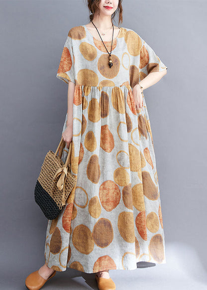 Yellow O-neck Wrinkled Dot Print Linen Long Dress Short Sleeve