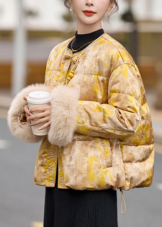Yellow Oriental Button Fur Patchwork Duck Down Jacket Winter