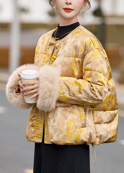 Yellow Oriental Button Fur Patchwork Duck Down Jacket Winter