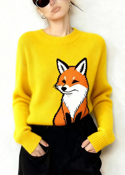 Yellow Oversized Fox Thick Knit Sweaters Winter