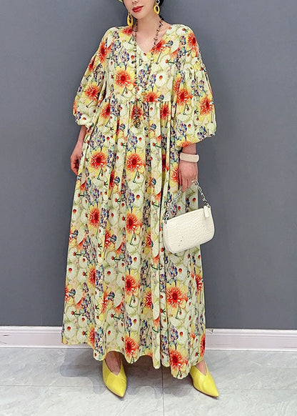 Yellow Oversized Print Cotton Robe Dresses Lantern Sleeve