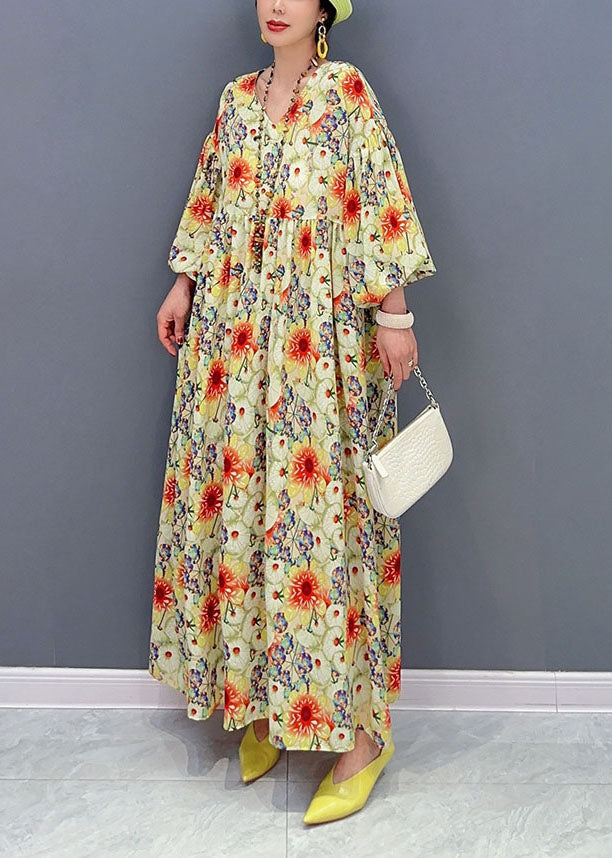 Yellow Oversized Print Cotton Robe Dresses Lantern Sleeve