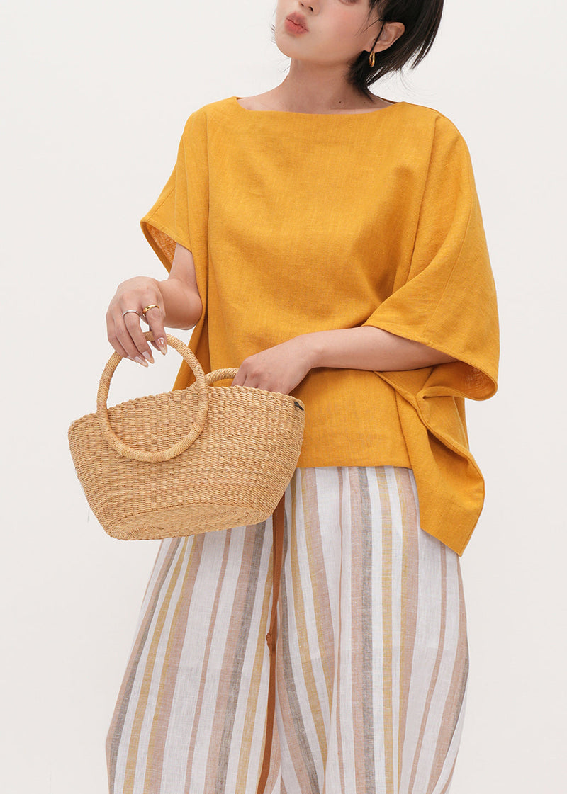 Yellow Oversized Linen Tank Tops Batwing Sleeve