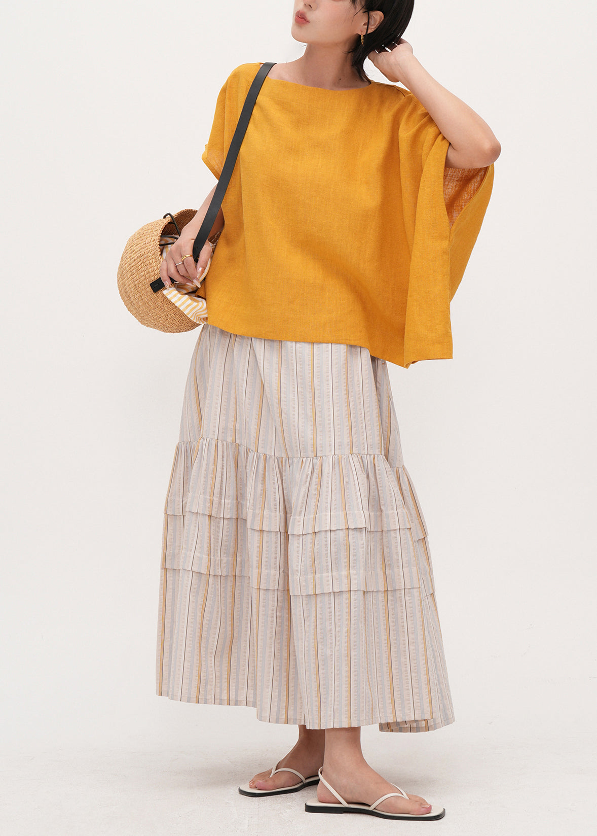 Yellow Oversized Linen Tank Tops Batwing Sleeve
