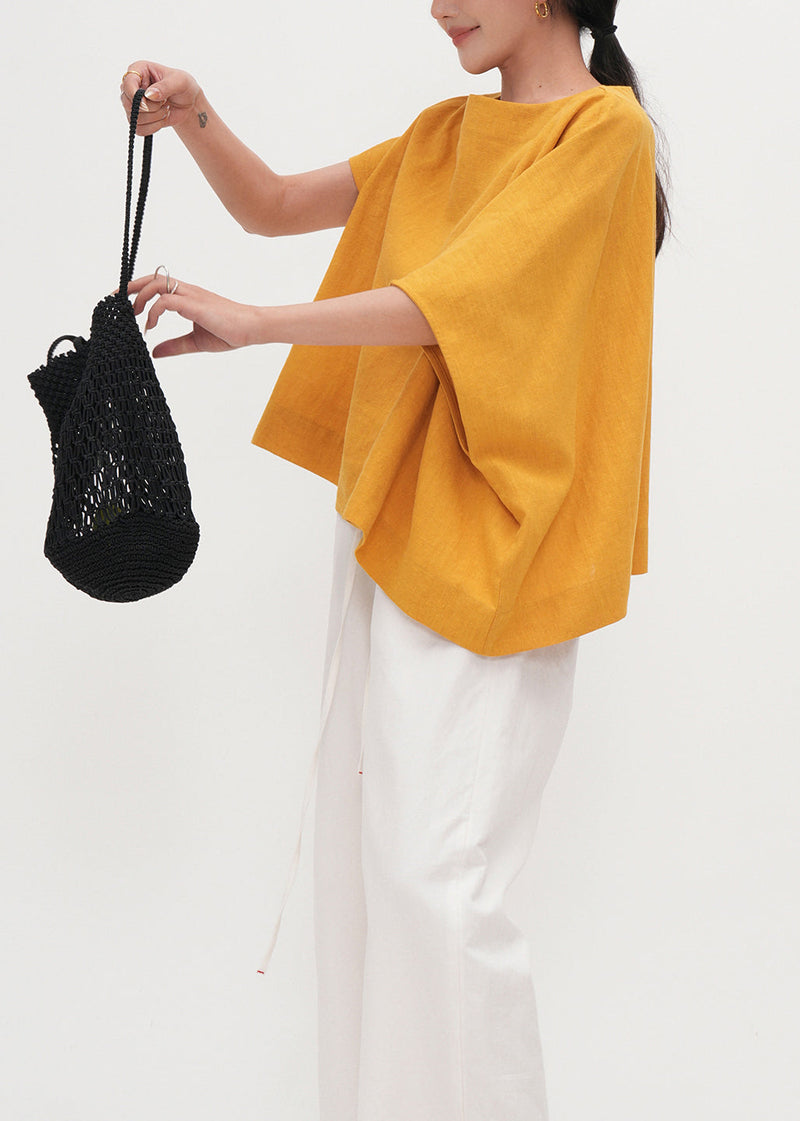 Yellow Oversized Linen Tank Tops Batwing Sleeve