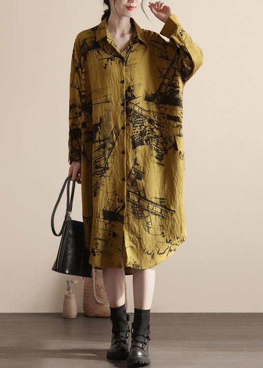 Yellow Peter Pan Collar Patchwork Linen Shirts Dresses Spring