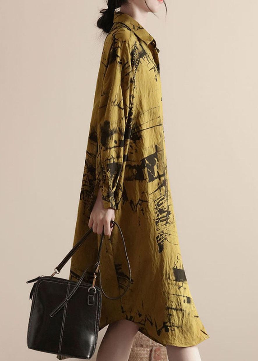 Yellow Peter Pan Collar Patchwork Linen Shirts Dresses Spring
