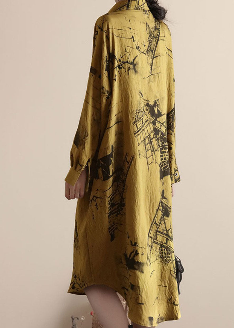 Yellow Peter Pan Collar Patchwork Linen Shirts Dresses Spring