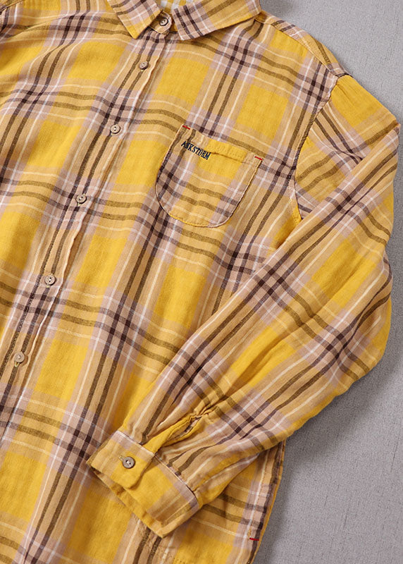 Yellow Peter Pan Collar Plaid Cotton Shirt Top Spring
