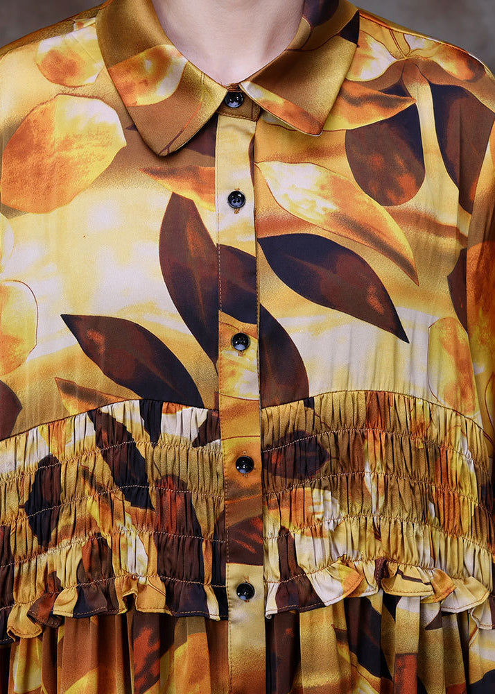 Yellow Peter Pan Collar Print Wrinkled Silk Long Shirt Dress Half Sleeve