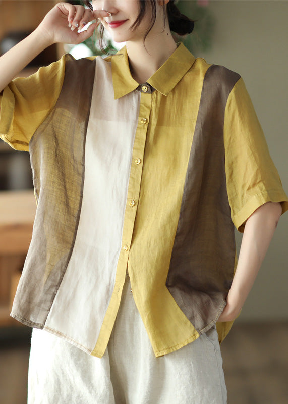 Yellow Peter Pan Collar Ramie Shirts Summer