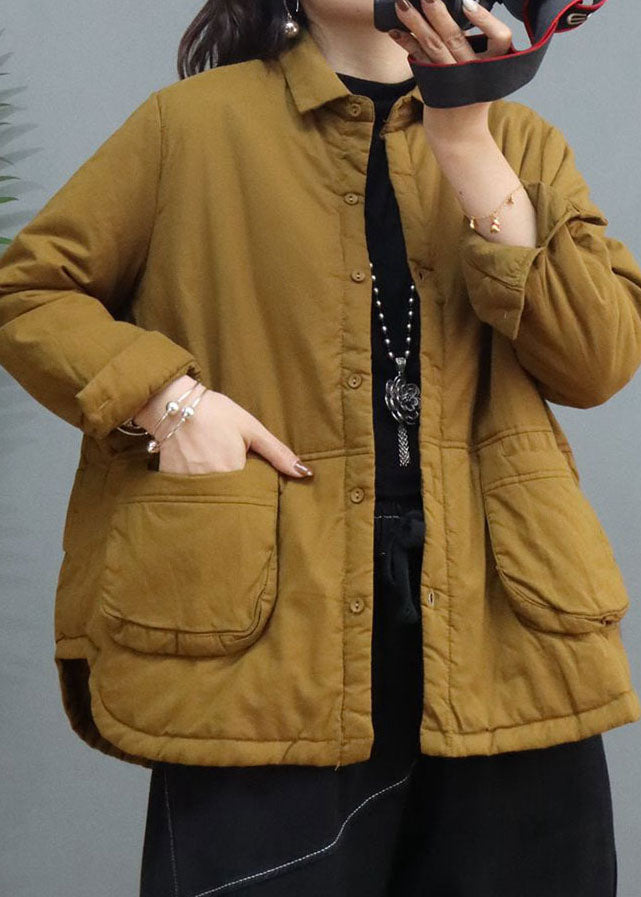 Yellow Pockets Button Fine Cotton Filled Winter Coat