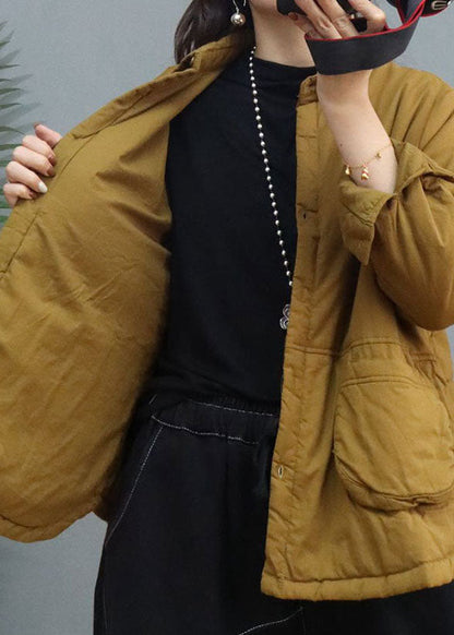 Yellow Pockets Button Fine Cotton Filled Winter Coat