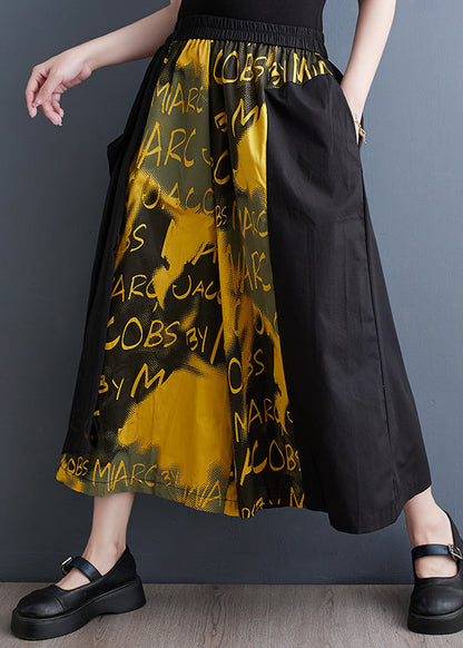 Yellow Pockets Elastic Waist Cotton Crop Wide Leg Pants Summer