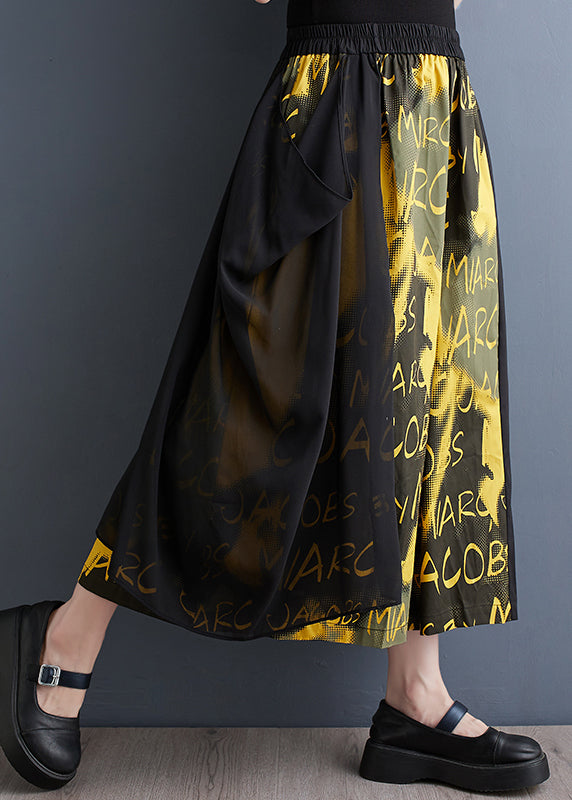 Yellow Pockets Elastic Waist Cotton Crop Wide Leg Pants Summer