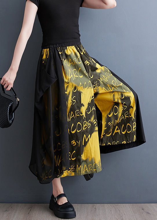 Yellow Pockets Elastic Waist Cotton Crop Wide Leg Pants Summer