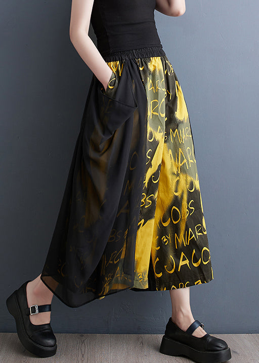 Yellow Pockets Elastic Waist Cotton Crop Wide Leg Pants Summer