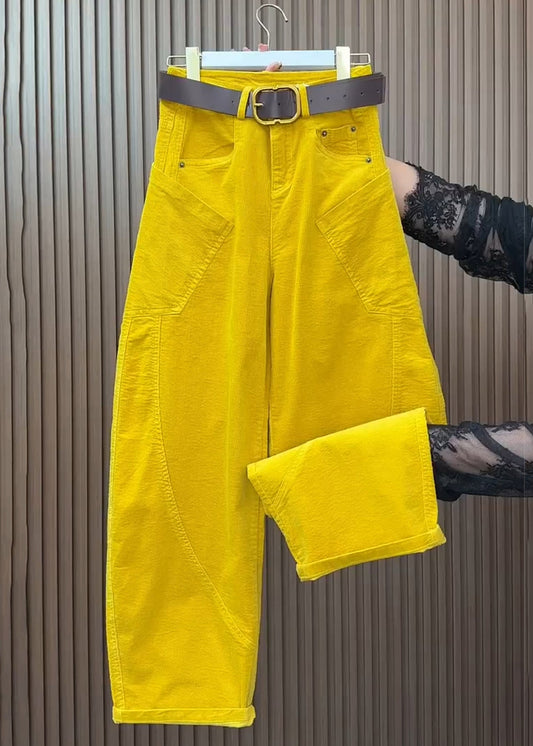 Yellow Pockets High Waist Corduroy Wide Leg Pants Spring