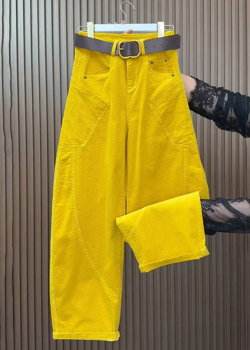 Yellow Pockets High Waist Corduroy Wide Leg Pants Spring
