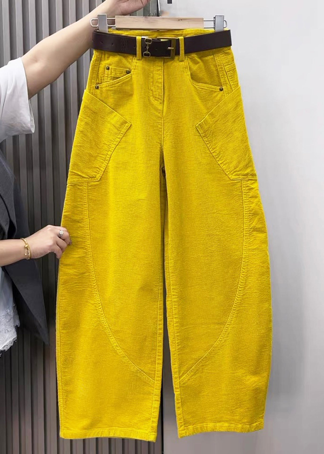 Yellow Pockets High Waist Corduroy Wide Leg Pants Spring