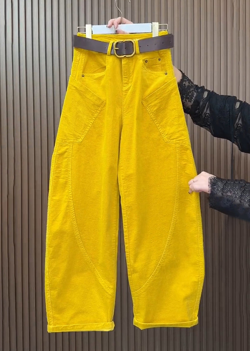 Yellow Pockets High Waist Corduroy Wide Leg Pants Spring