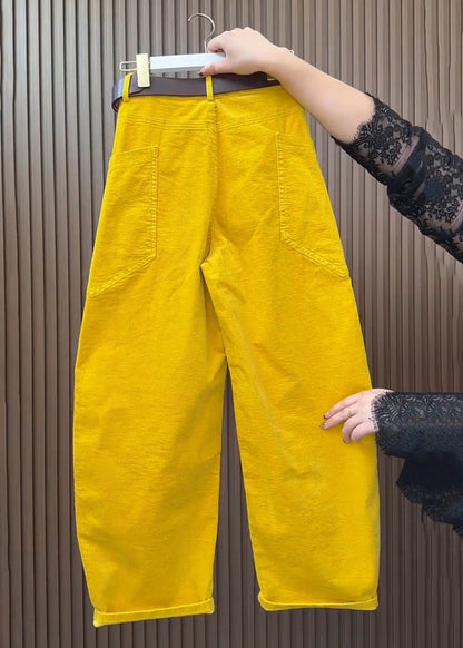 Yellow Pockets High Waist Corduroy Wide Leg Pants Spring
