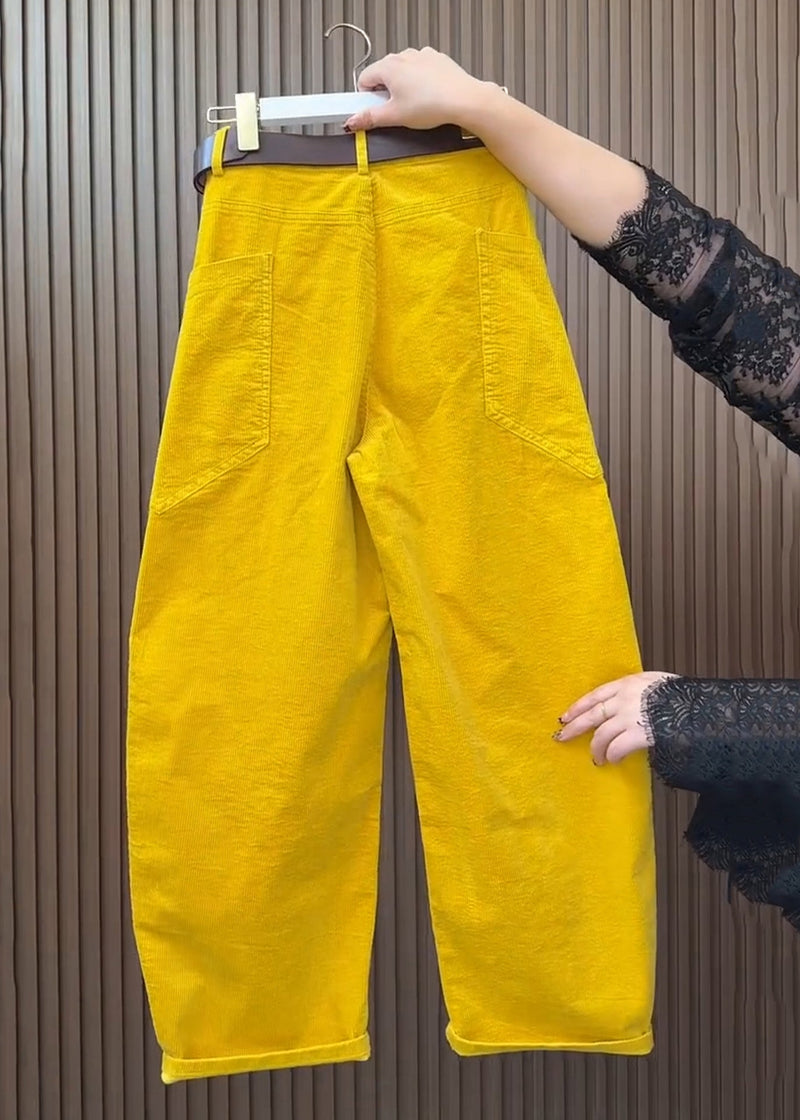Yellow Pockets High Waist Corduroy Wide Leg Pants Spring