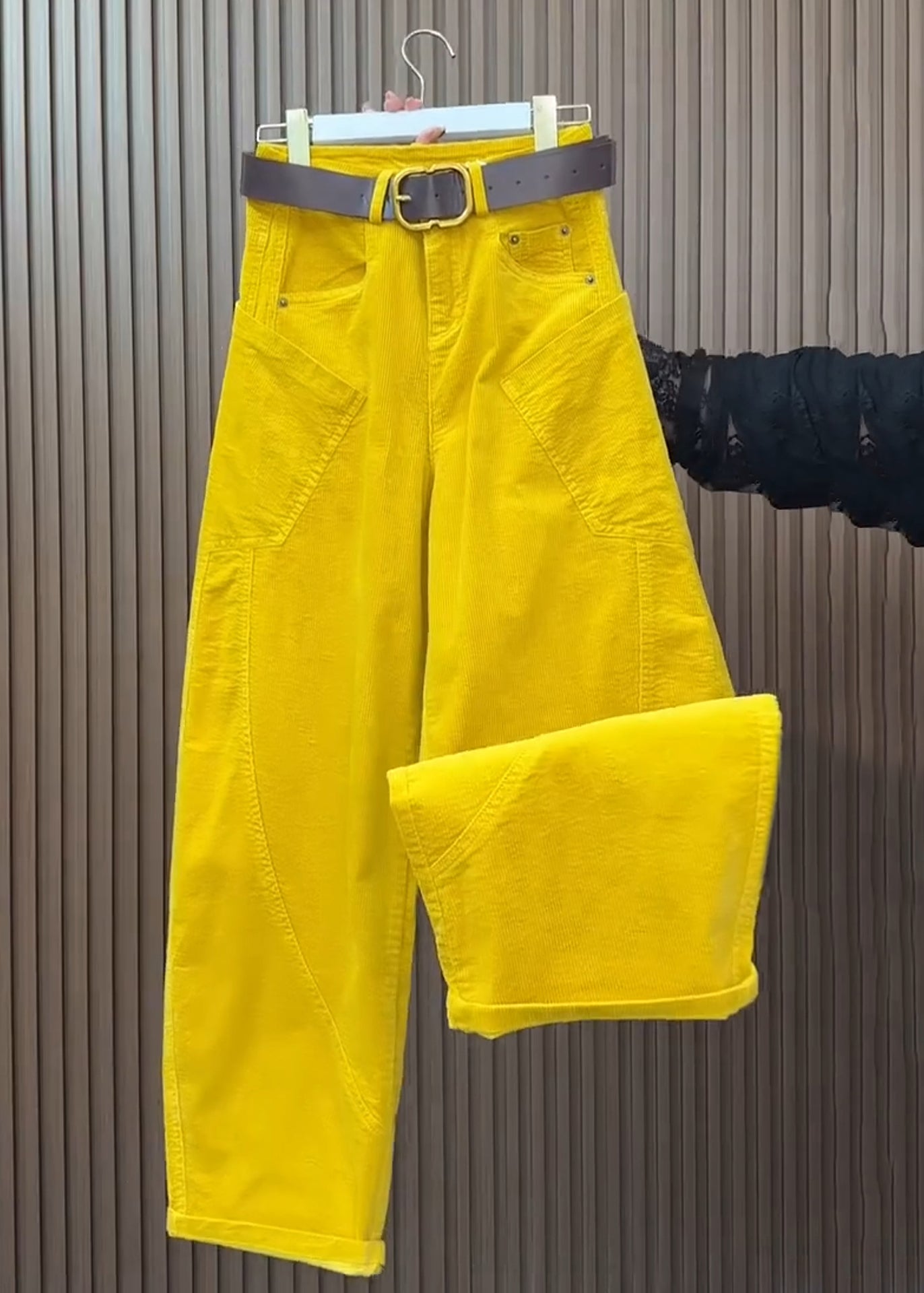 Yellow Pockets High Waist Corduroy Wide Leg Pants Spring