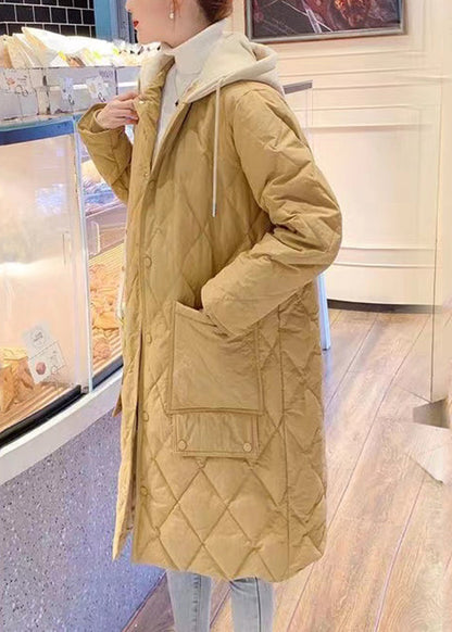Yellow Pockets Patchwork Drawstring Button Hooded Parka Long Sleeve