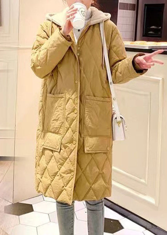 Yellow Pockets Patchwork Drawstring Button Hooded Parka Long Sleeve