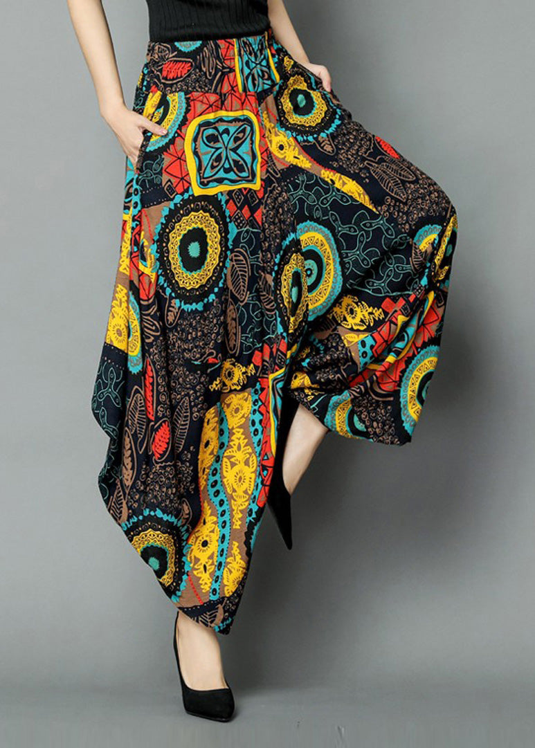 Yellow Pockets Print Elastic Waist Crop Pants Summer