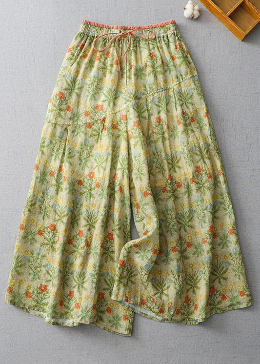 Yellow Print Lace Up Elastic Waist Linen Wide Leg Pants Summer
