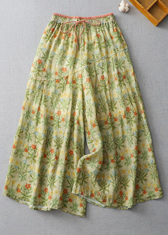 Yellow Print Lace Up Elastic Waist Linen Wide Leg Pants Summer