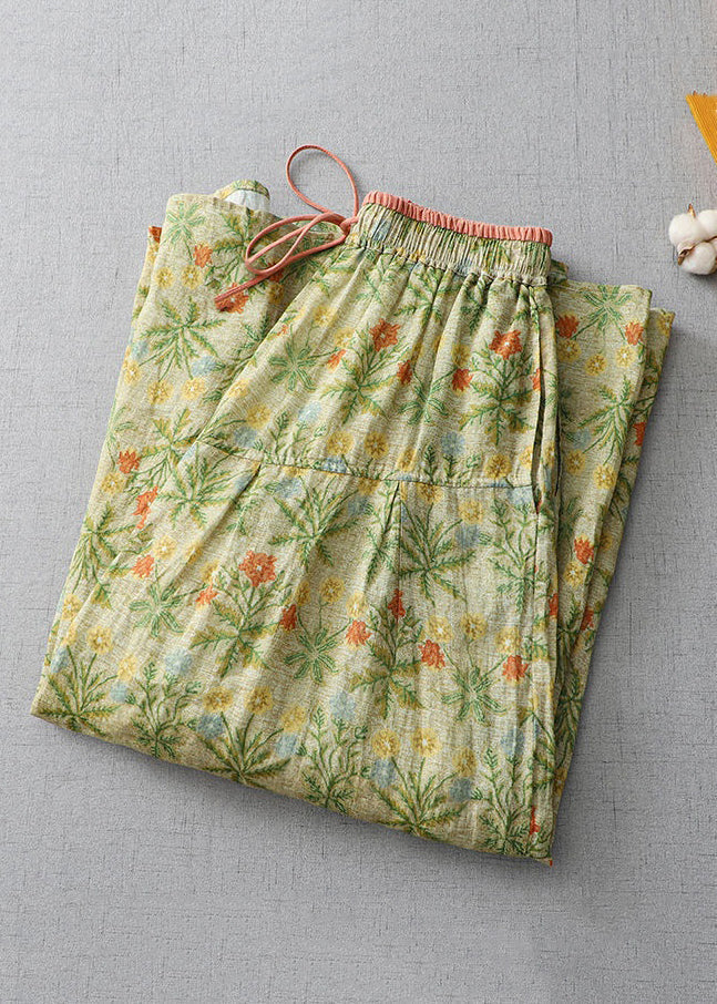 Yellow Print Lace Up Elastic Waist Linen Wide Leg Pants Summer